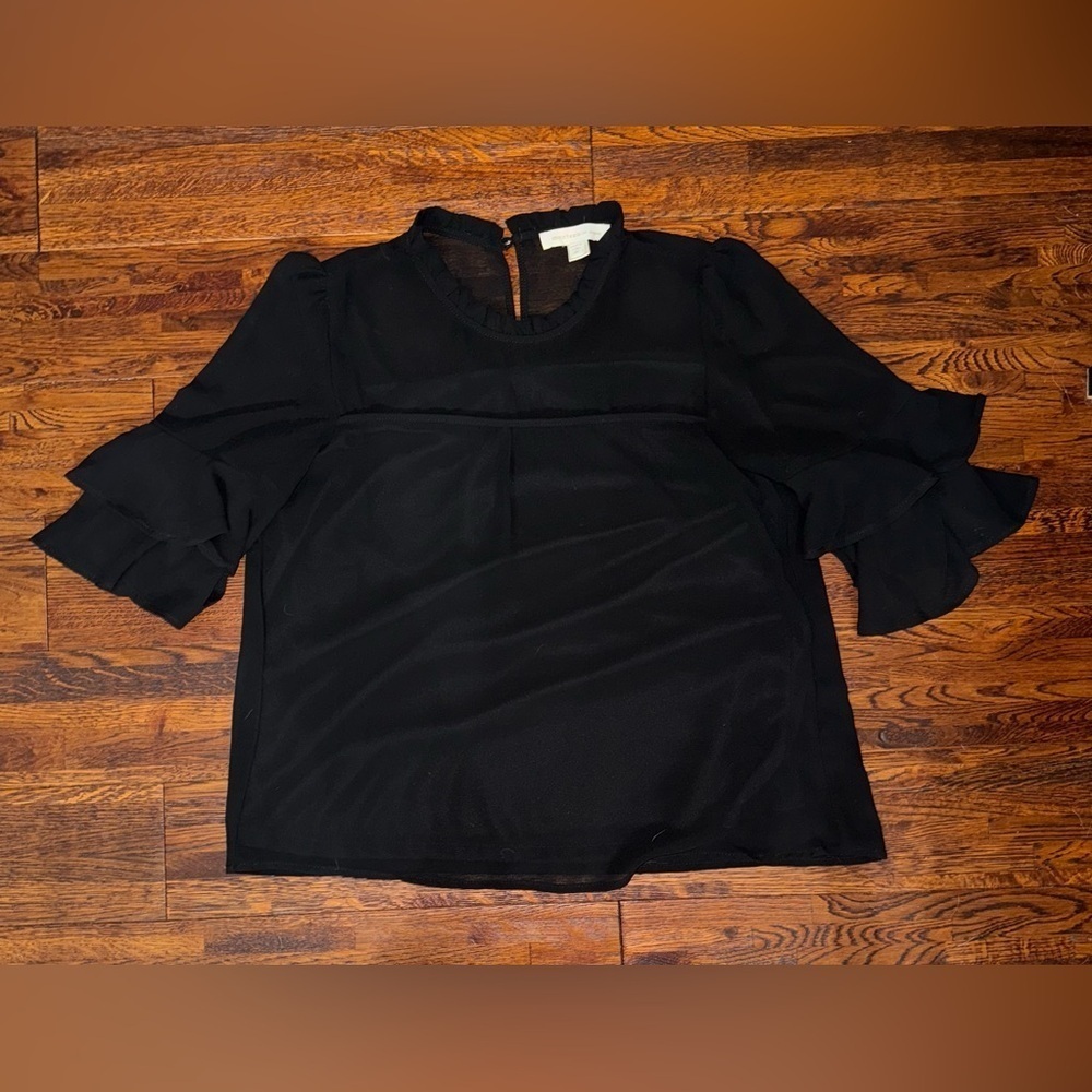 MONTEAU LOS ANGELES Half Sleeve Ruffle Detail Blouse in Black Size Extra Large